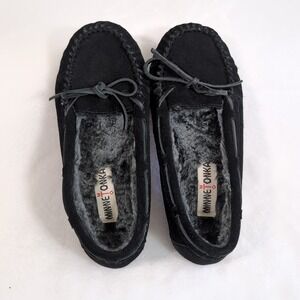 Minnetonka Cally Moccasin Slipper Women 7 Black Suede Faux Fur Lined Cozy Casual